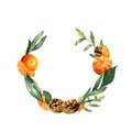 Watercolor fruit and greenery wreath. Semi round frame with walnuts, tangerins and leaves