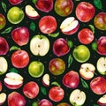 Watercolor fruit pattern. Apples, halves of apples and leaves