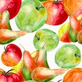 Watercolor fruit pattern with apples and pears