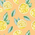 Watercolor fruit pattern lemon, summer print for the textile fabric, wallpaper, poster background, social media template