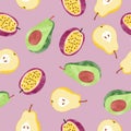 Watercolor fruit pattern with pear, avocado and passion fruit