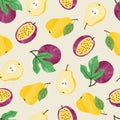 Watercolor fruit pattern with pear and passion fruit