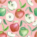 Watercolor fruit pattern red and green apple, summer print for the textile fabric, wallpaper, poster, template Royalty Free Stock Photo