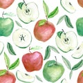 Watercolor fruit pattern red and green apple, summer print for the textile fabric, wallpaper, poster Royalty Free Stock Photo