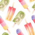 Watercolor fruit popsicles digital paper. Hand drawn seamless pattern ice cream.