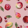 Watercolor fruit seamless pattern. Peach background. Royalty Free Stock Photo