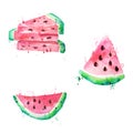 Watercolor fruit set watermelons, slices watermelon with seeds and paint splashes. Isolate