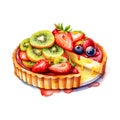 Watercolor fruit tart. Hand drawn illustration isolated on white background.