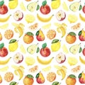 Watercolor fruits pattern, healthy food diet products. Isolated hand draw illustration. Royalty Free Stock Photo