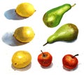 Watercolor fruits set: red apples, lemons, green pears. Royalty Free Stock Photo