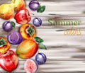 Watercolor fruits on wooden background Vector. Delicious persimmon, plums, figs and mangos