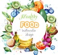 Watercolor fruits wreath Vector. Kiwi, banana, blueberry Tropic summer fruit composition