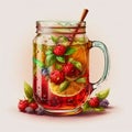 Watercolor fruity colorful tea with blackberry raspberries and lemon.