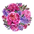 Watercolor Fuchsia Peonies and Lilac Round Bouquet