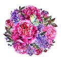 Watercolor Fuchsia Peonies and Lilac Round Bouquet