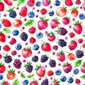 Watercolor full frame of mix berry fruits doodle pattern