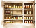 Watercolor of full kitchen pantry food storage