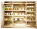 Watercolor of full kitchen pantry food storage