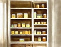 Watercolor of full kitchen pantry food storage