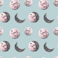 Full and half moon watercolor illustrations. Moon phases seamless pattern. Cosmos print in vintage style on blue background Royalty Free Stock Photo