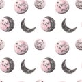 Full and half moon watercolor illustrations. Moon phases seamless pattern. Space background with pink planets in a sky Royalty Free Stock Photo