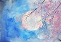 Watercolor full moon and pink tree landscape