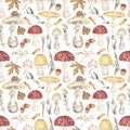 Watercolor fungus seamless pattern, autumn ornament with forest leaves, branches and mushrooms on white background. Fungi paper