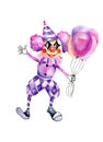 Watercolor funny circus clown with air balloons