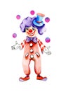 Watercolor funny circus clown juggling balls Royalty Free Stock Photo