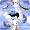 Watercolor Funny Cute Crow raven Feathers Painting illustration