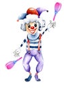 Watercolor funny juggling circus clown