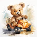 Watercolor funny playful teddy bear on white background. Generative AI