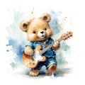 Watercolor funny playful teddy bear on white background. Generative AI