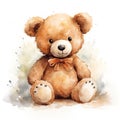 Watercolor funny playful teddy bear on white background. Generative AI