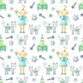 Watercolor funny robot girl and cats on white background. Cute watercolour cartoon