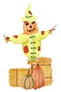 Watercolor funny scarecrow, pumpkins, hay stack isolated on white background. For autumn products, cards, holidays etc. Royalty Free Stock Photo