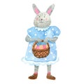 Watercolor funny smiling female bunny with an Easter basket with eggs