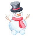 Watercolor funny snowman with black cylinder and red scarf isolated on white