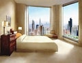 Watercolor of A furnished bedroom with a view of the city through the