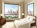 Watercolor of A furnished bedroom with a view of the city through the