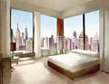 Watercolor of A furnished bedroom with a view of the city through the