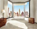 Watercolor of A furnished bedroom with a view of the city through the