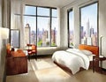 Watercolor of A furnished bedroom with a view of the city through the