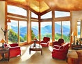 Watercolor of Furnished living room with eclectic decor and a scenic mountain view in rustic