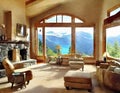 Watercolor of Furnished living room with eclectic decor and a scenic mountain view in rustic