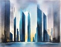 Watercolor of A futuristic portal within a skyscraper backdrop illuminated by the