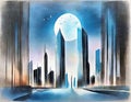 Watercolor of A futuristic portal within a skyscraper backdrop illuminated by the