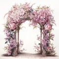 Watercolor garden arch with pink flowers. Illustration for wedding postcard, greetings card or invitation.