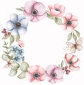 Watercolor garden flowers wreath clipart, anemone flower and wildflowers frame, delicate spring floral wreath. Butterflies,