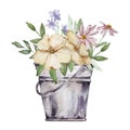 Watercolor garden iron bucket with flowers